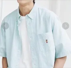 coen / サマーベア刺繍ボタンダウン半袖シャツ ストライプグリーン S