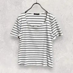 イング Tシャツ M 白 黒 ボーダー 半袖 Vネック カットソー