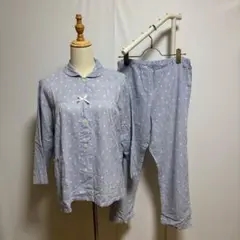 丸襟　パジャマ上下（M）ドット柄×ストライプ柄　ウエストゴム　水色系　コットン