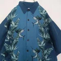 上質Guy Harvey アート カジキ×ボタニカル アロハシャツXL レーヨンのサムネイル
