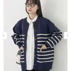 スポディッシュ ミドル丈カーディガン ネイビー ボーダー 紺