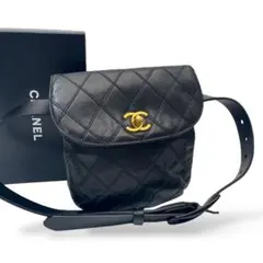 シャネル マトラッセ ビコローレ ラムスキン ウエストポーチ バッグ 黒色