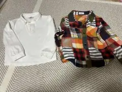 キッズ2点セット 長袖シャツ ポロシャツ チェック柄 マルチカラー ホワイト