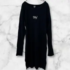 ワンピース ロング Tシャツ 刺繍 ヒョウ 豹 希少 XL リブ 黒