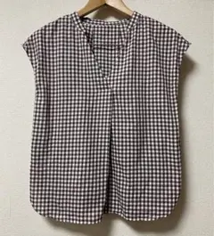 GU フレンチスリーブギンガムチェックブラウス