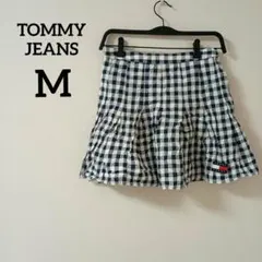美品 TOMMY JEANS ギンガムチェック プリーツミニスカート ロゴ 紺白