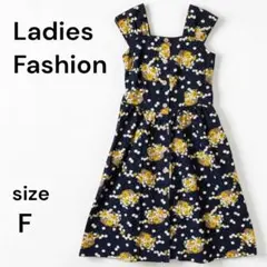 【LadiesFashion】花柄ジャンバースカート F ネイビー 使用感あり