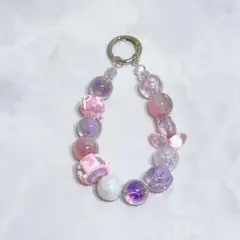 ハンドメイド キーホルダー　キーリング　スマホストラップ　パープル ビーズ