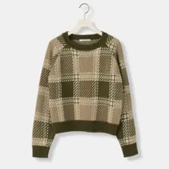 オリーブグリーン ベージュ チェック柄 ニットセーター