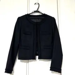 ブラックノーカラージャケット フリンジ仕上げ　裏地あり