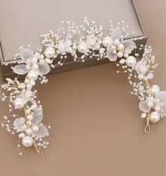 ウェディング　ヘアアクセサリー 結婚式　前撮り　パール　ヘッドドレス　ゴールド