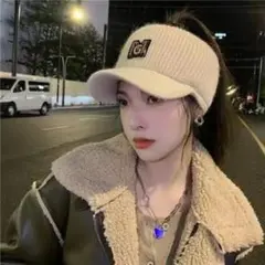 レディース ニット サンバイザー 帽子 防寒 ゴルフウェア テニス ホワイト