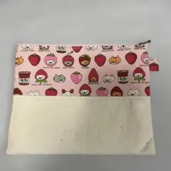 フラットポーチ ぺたんこポーチ コットンこばやし いちご猫 ハンドメイド