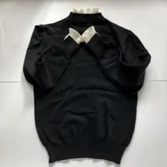 フリル付きハイネック ブラックニット シフォンブラウス重ね着風 黒ニット M