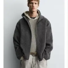 グレー ZARA フェイクファーシャツジャケットフード付き M