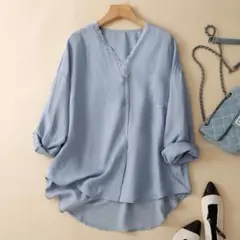 セシカブルー半袖ブラウス茶 綿100% XL3L 大きいサイズ 春 夏 