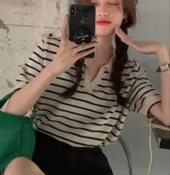 SHEIN ボーダー半袖 ポロシャツ ニット ストライプ