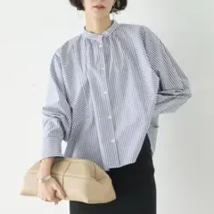 美品✨UNFILO 【洗える】ギャザーワイドシャツ ストライプ　バンドカラー
