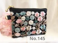 ポーチ　インド刺繍リボン　ブラック　 合皮　No.145