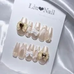 Ｎｏ．現品 ネイルチップハンドメイド オレンジハートストーン韓国リボンフリル