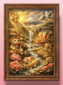 黄金の流れが集い福と富が家に満ちる　額縁付き開運グラフィックアート