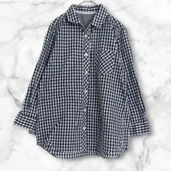 ネイビー×ホワイト　ギンガムチェック柄　長袖シャツ　L ゆったり　総柄