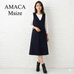 アマカ AMACA Vネック ジャンパースカート リネン混 ネイビー M相当