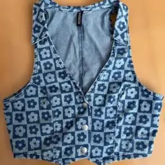 H&M 花柄チェックデニムベスト　S