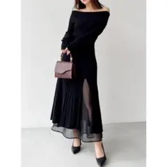 RESEXXY オフショルプリーツ切替ニットワンピース ブラック