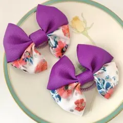 キッズ ベビー♡リボン♡ヘアゴム♡パープル♡紫♡花柄♡ぎざ子　2個セット　和柄