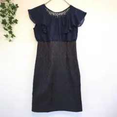 RUIRUE BOUTIQUE　フリルワンピース　ドレス　紺×黒　M　パール
