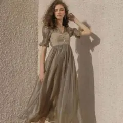 オリーブグリーン マキシドレス フリル袖