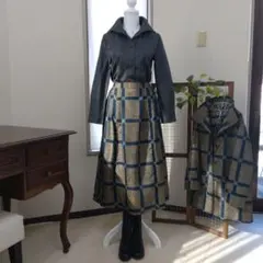 着物リメイク　紬ジャケット+スカート+大島紬ブラウス　3点　セットアップ