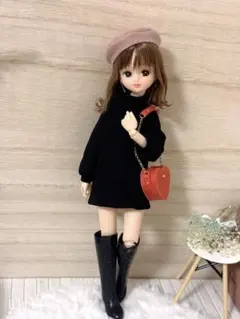22cmドール服 ミニ丈ニットワンピ×ハート型バッグ♡2点セット