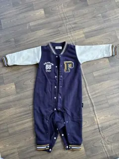 ネイビー/グレー ボタン留めロンパース 80