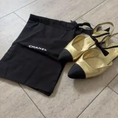 CHANEL ゴールド×ブラック リボンサンダルのサムネイル