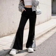 キラキラ★スパンコール フレアパンツ 黒 SHEIN ダンス 衣装 ディスコ