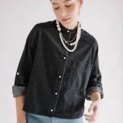 【BLANC basque】パールボタンデニム バンドカラーシャツ ブラック38