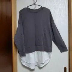 未使用CLOSSHIレイヤード風 スウェット チュニック長袖グレー×ホワイトLL