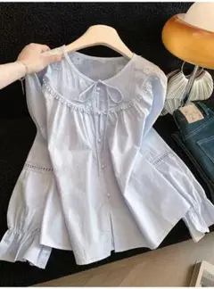 ライトブルー リボン付きブラウス