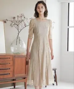 プリーツ切り替え総レースパーティードレス