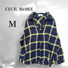 【セシルマクビー】ネイビーイエロー　チェック　スキッパーシャツ　ネルシャツ　M