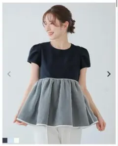 fitmore バイカラーオーガンジーぺプラムトップス　ネイビー