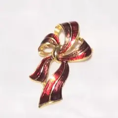 ☆最終お値下げ☆昭和レトロ　アンティーク美品　リボン型ブローチ 赤と金色