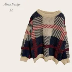 【Alma Design】 ニット セーター (M) ポワン袖 チェック柄