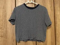 ユニクロ クロップド丈Tシャツ ストライプ紺 ネイビー 綿100