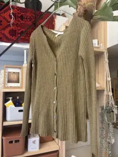 SALON adam et ropeリブ編み長袖カーディガン オリーブグリーン