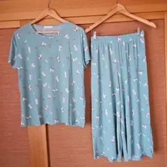 さらさらドライ安眠上下セットパジャマ M-Lサイズ ネコ柄 ミント色