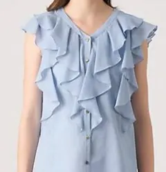 ANAYI　ボイルフリルVネックブラウス　ブルー