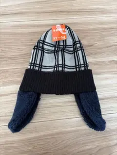 新品未使用タグ付　チェック柄ニット帽 52-54サイズ 耳あて付き